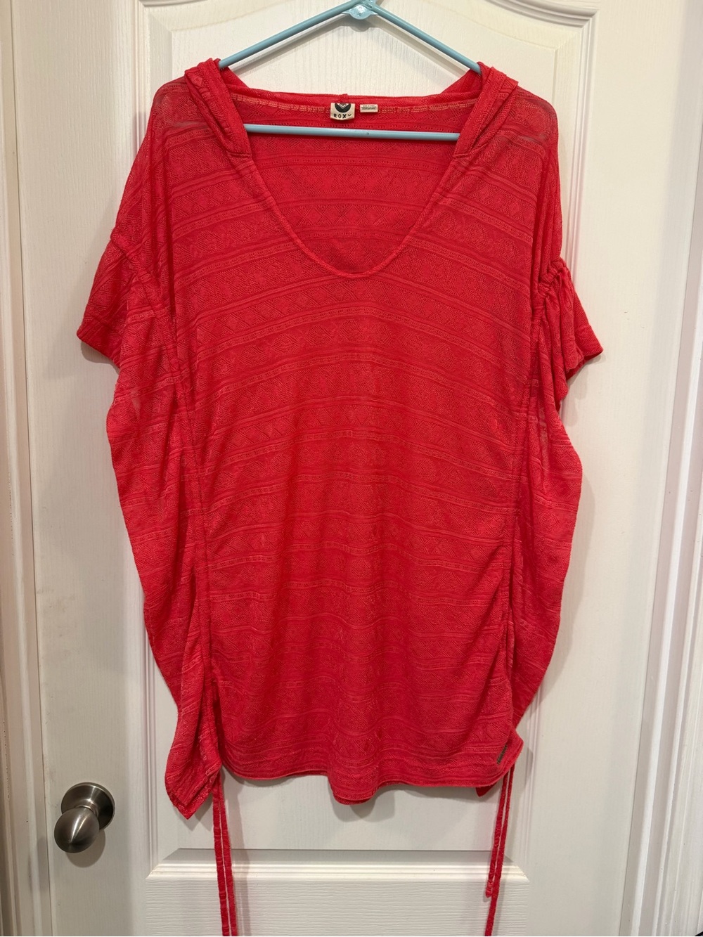 Roxy Coral-Red V-Neck Short Sleeve Tunic with Side Ties